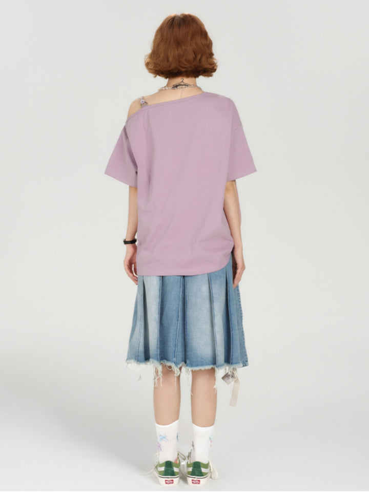 Vintage Off-Shoulder Graffiti Print Purple Short Sleeve T-shirt