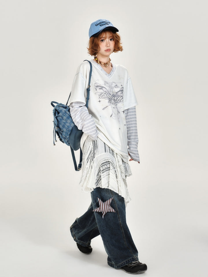 Butterfly Print Fake Two-Piece Long Sleeve Top