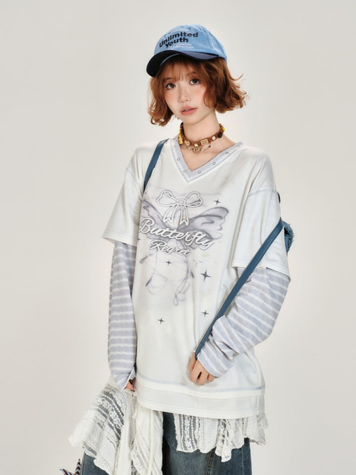 Butterfly Print Fake Two-Piece Long Sleeve Top