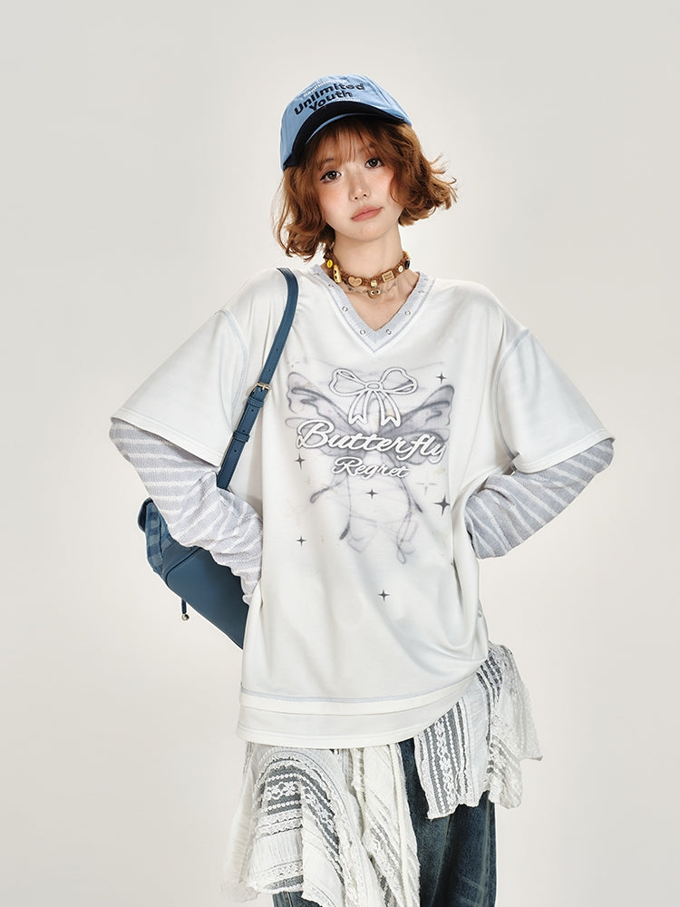 Butterfly Print Fake Two-Piece Long Sleeve Top