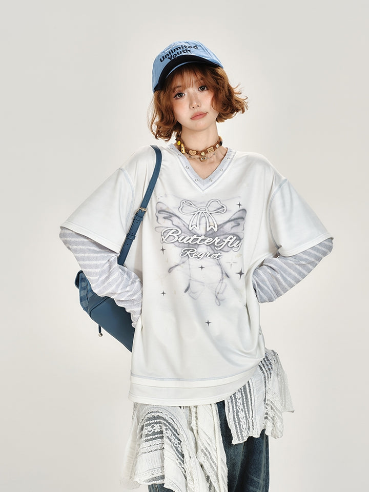 Butterfly Print Fake Two-Piece Long Sleeve Top