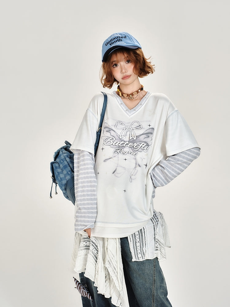 Butterfly Print Fake Two-Piece Long Sleeve Top