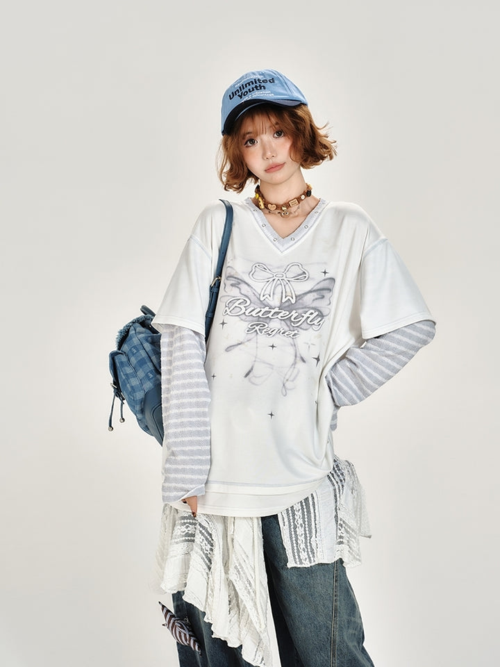 Butterfly Print Fake Two-Piece Long Sleeve Top