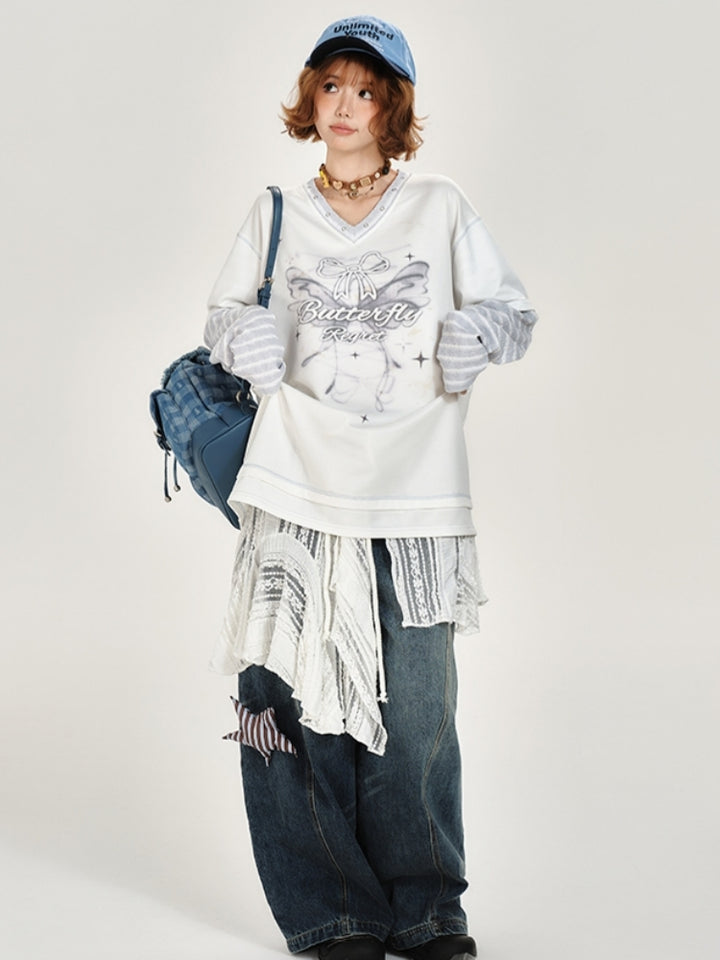 Butterfly Print Fake Two-Piece Long Sleeve Top