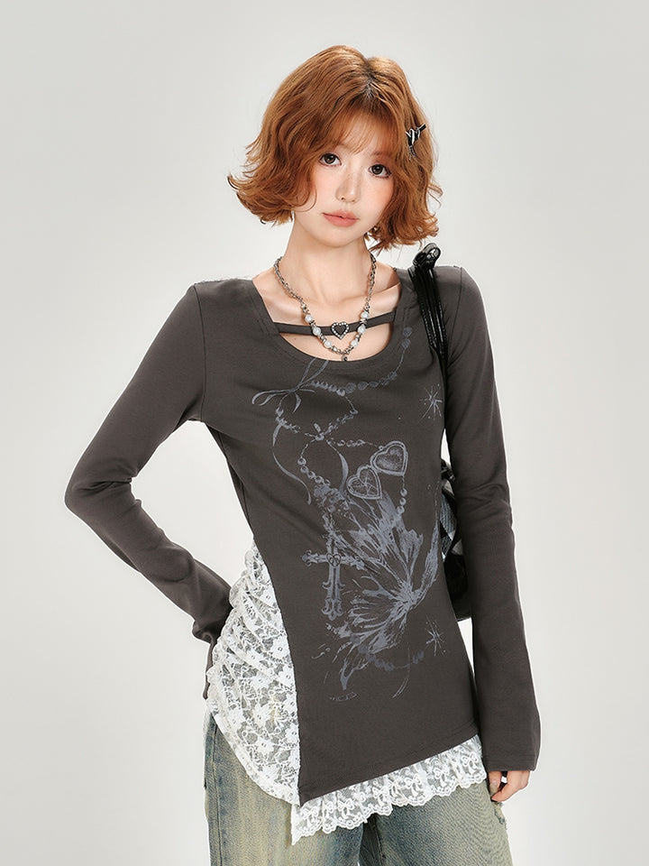 Vintage Hot Girl Lace Patchwork Long Sleeve Top