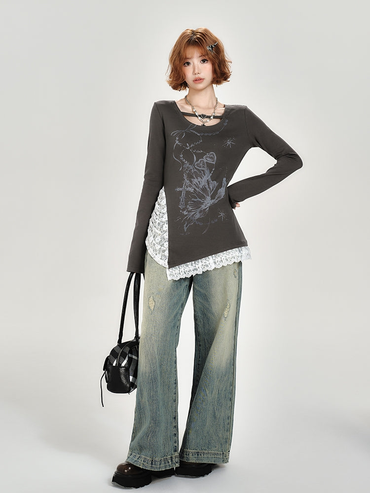 Vintage Hot Girl Lace Patchwork Long Sleeve Top