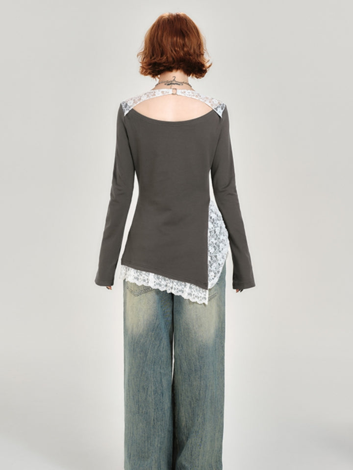 Vintage Hot Girl Lace Patchwork Long Sleeve Top