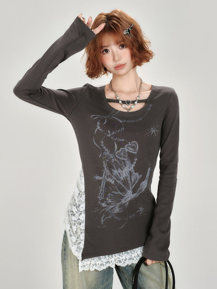Vintage Hot Girl Lace Patchwork Long Sleeve Top