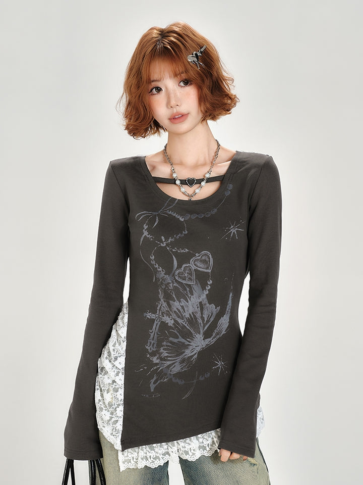 Vintage Hot Girl Lace Patchwork Long Sleeve Top