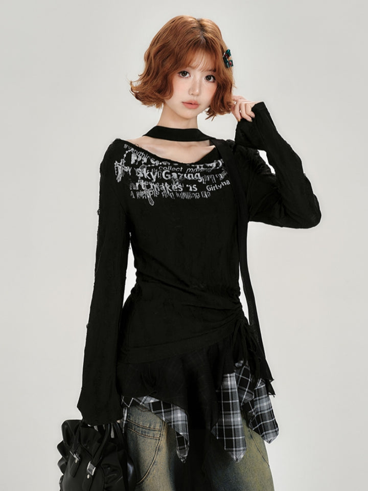 Graffiti Print Distressed Black Choker Crop Top