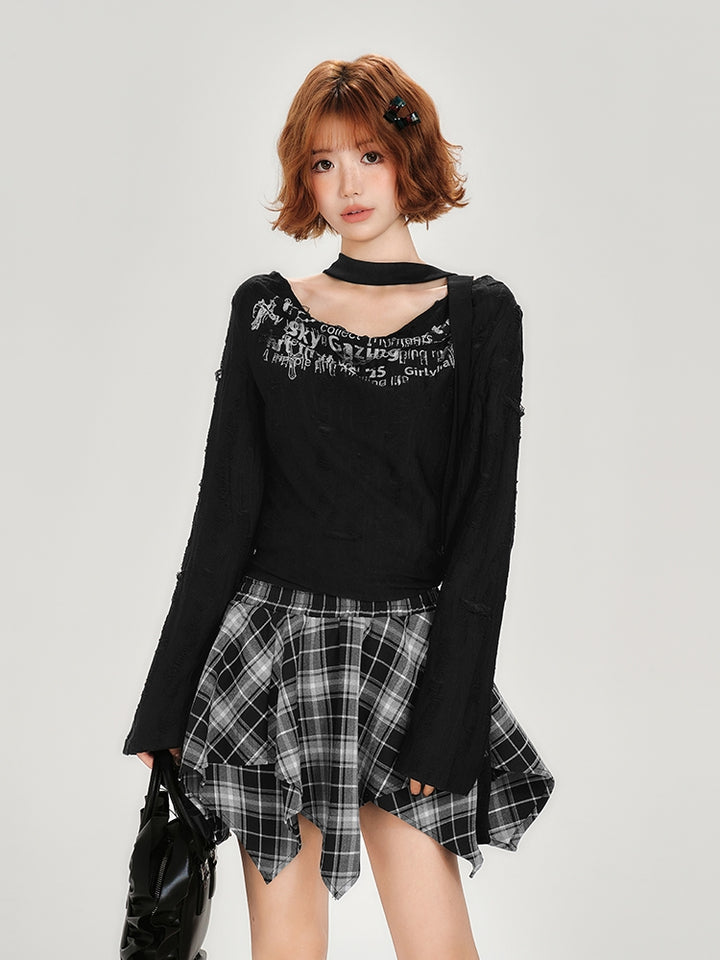 Graffiti Print Distressed Black Choker Crop Top