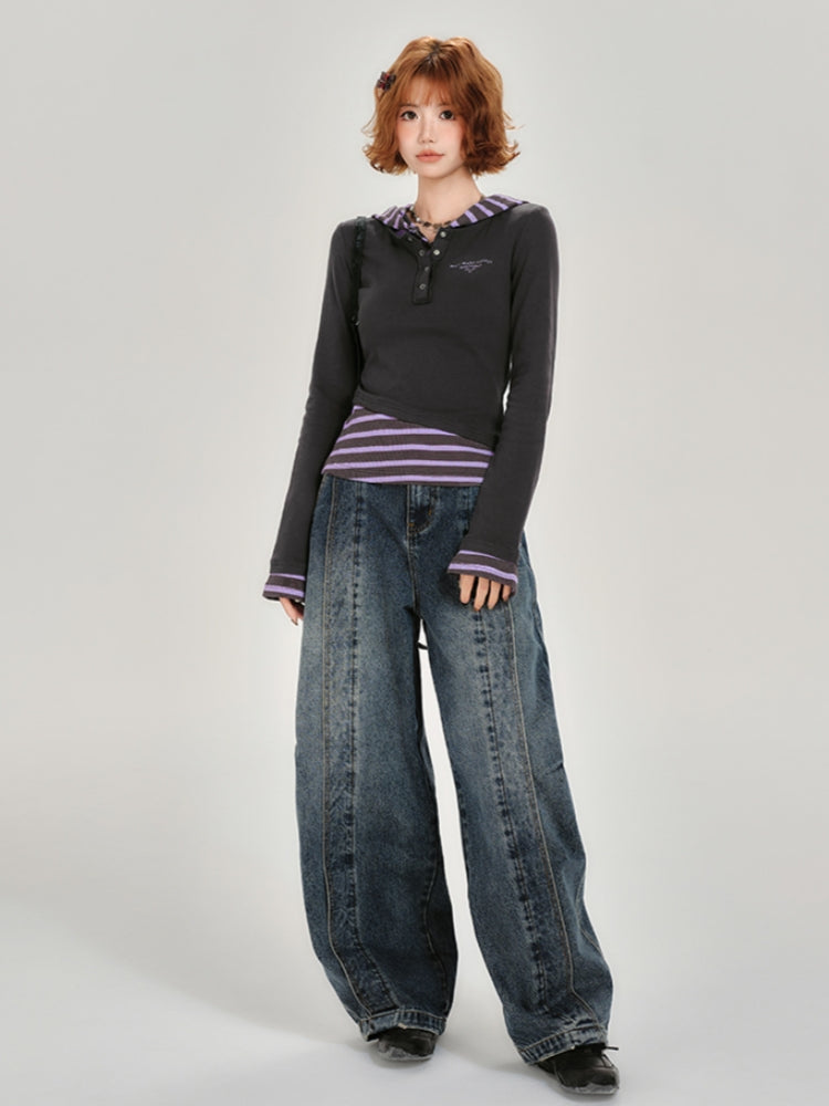 Faux Two-Piece Hooded Color Block Top