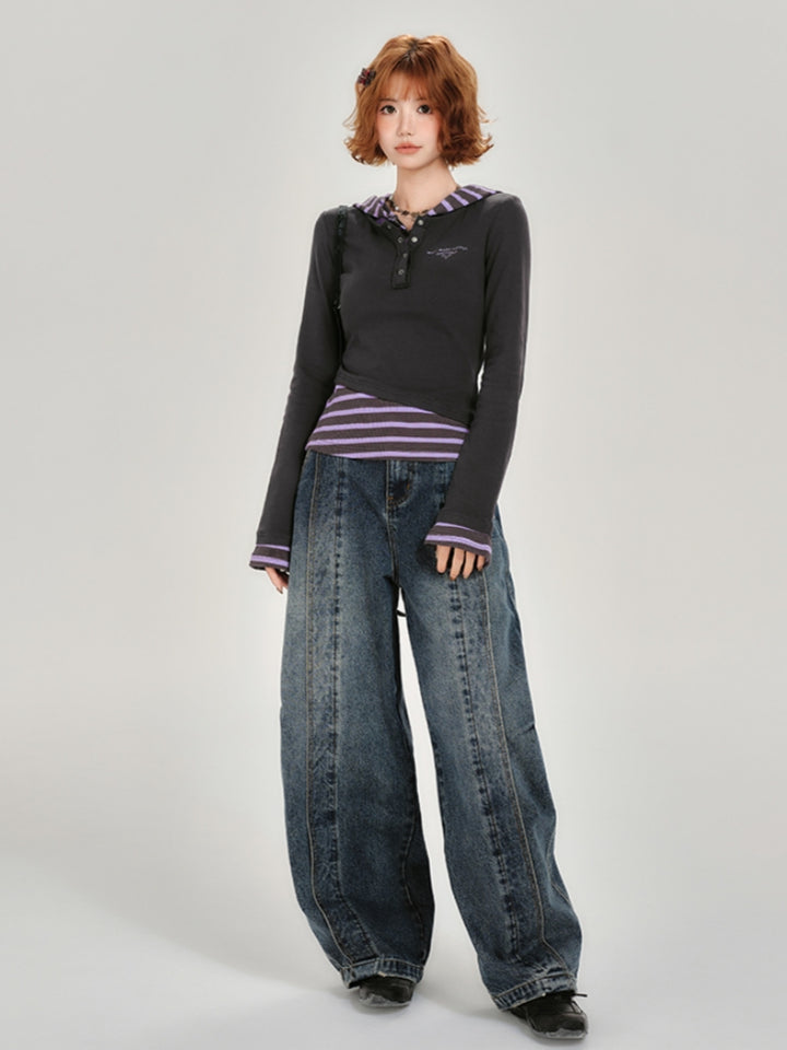 Faux Two-Piece Hooded Color Block Top