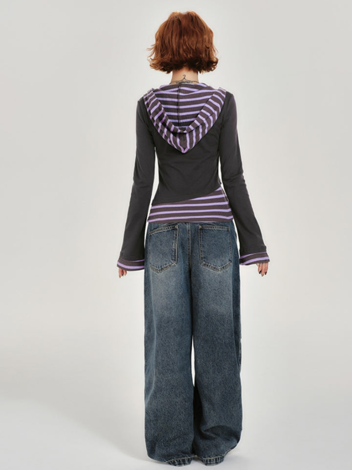 Faux Two-Piece Hooded Color Block Top