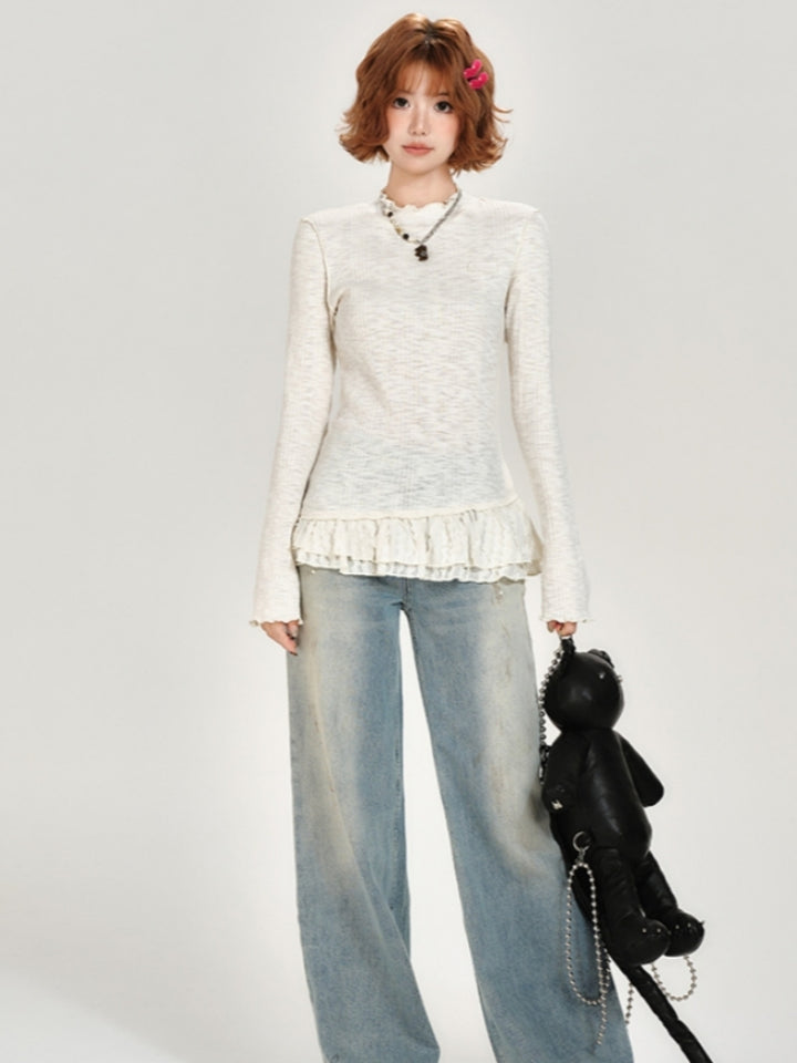 Lace Patchwork Round Neck Long Sleeve Top for Spring and Autumn