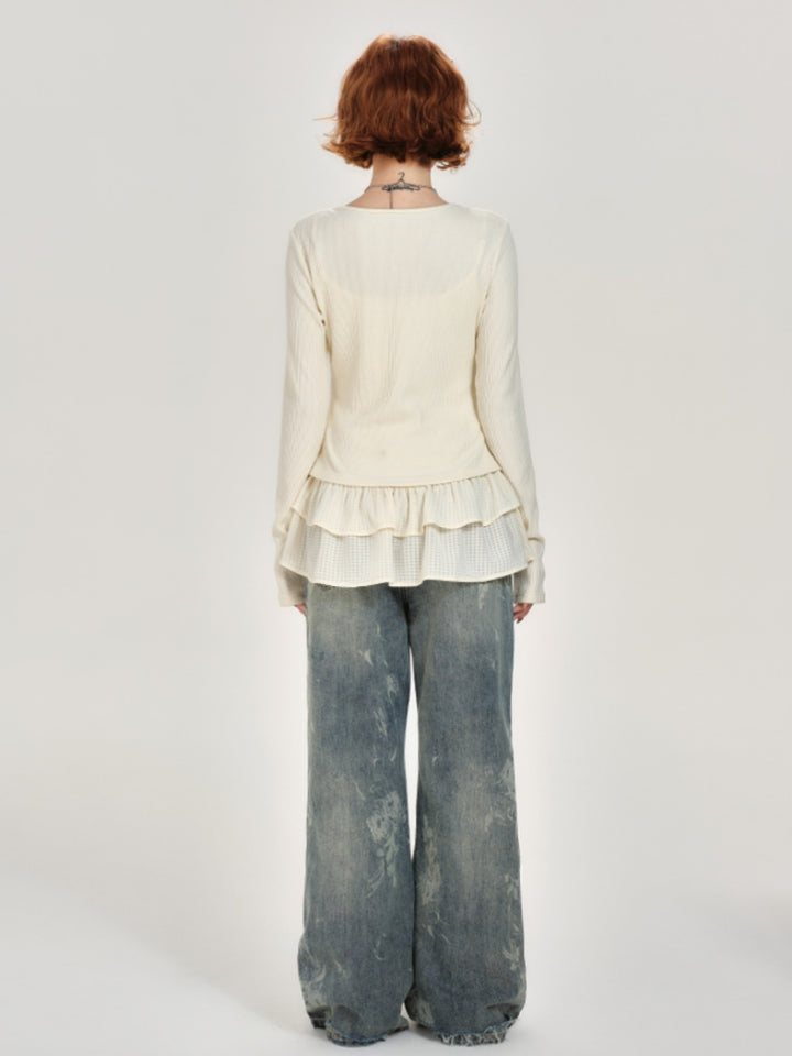 Lace Patchwork Round Neck Long Sleeve Top for Spring and Autumn