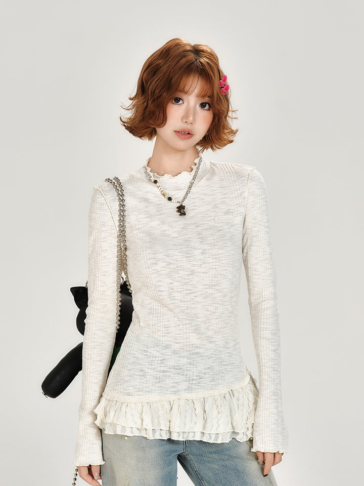 Lace Patchwork Round Neck Long Sleeve Top for Spring and Autumn