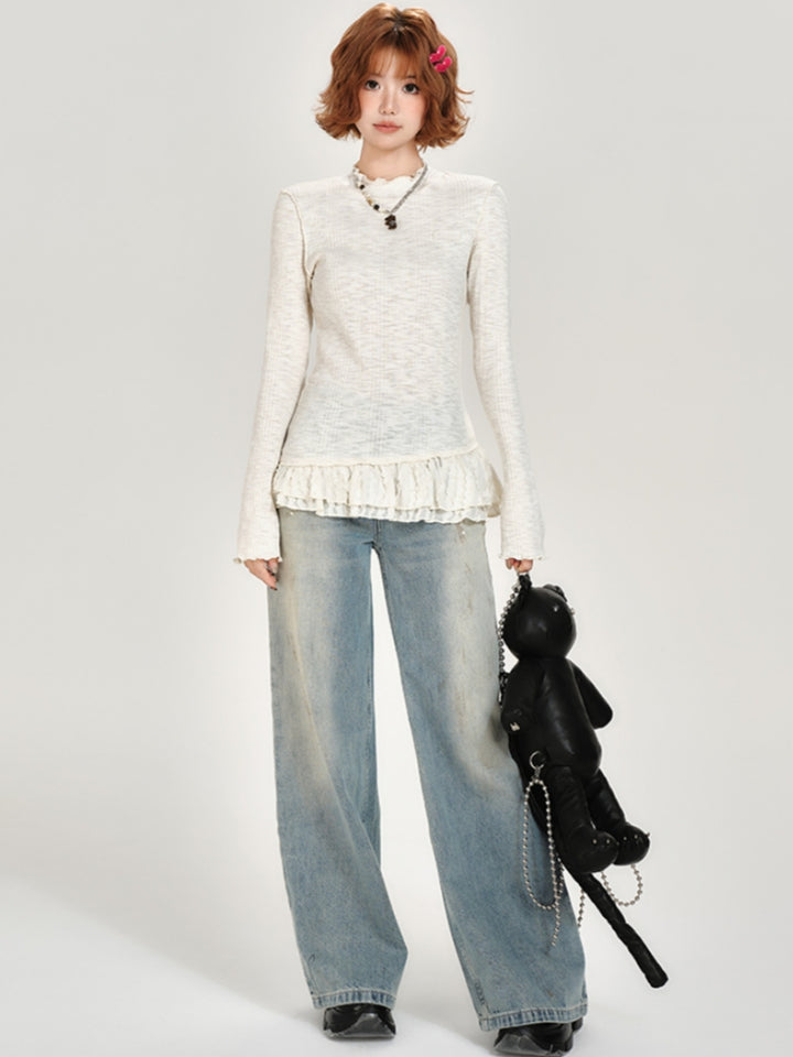 Lace Patchwork Round Neck Long Sleeve Top for Spring and Autumn