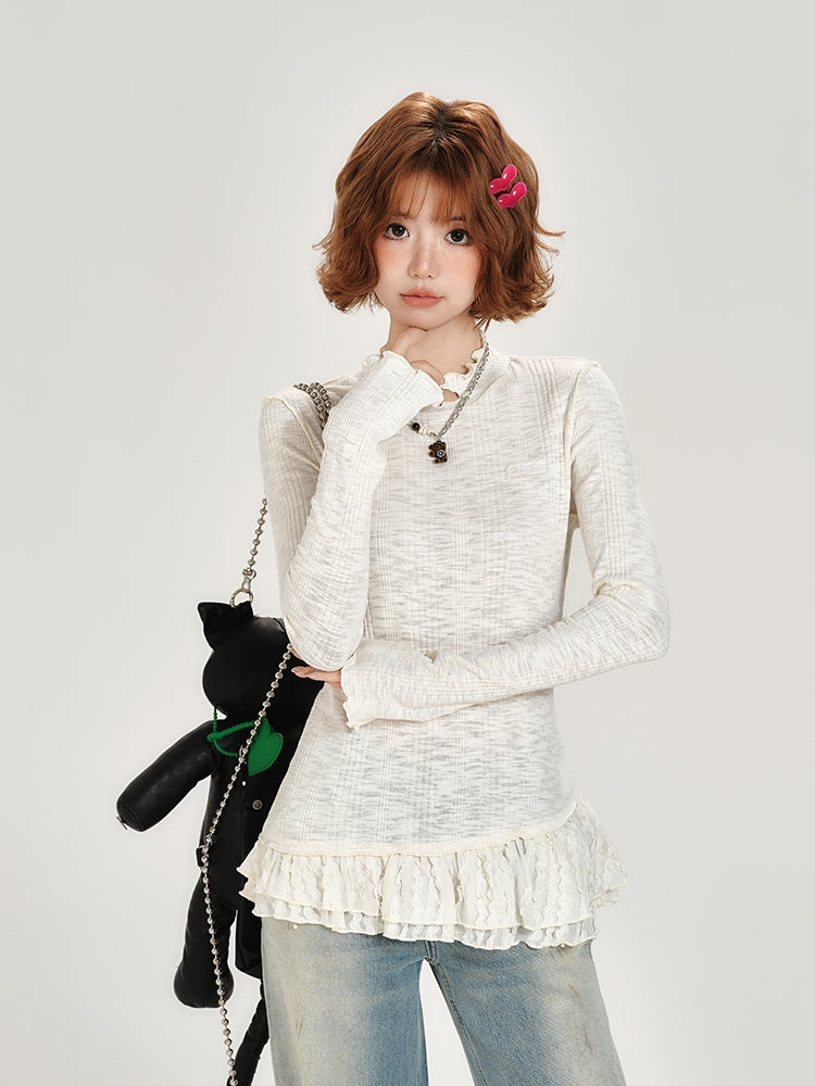 Lace Patchwork Round Neck Long Sleeve Top for Spring and Autumn