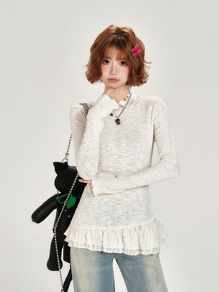 Lace Patchwork Round Neck Long Sleeve Top for Spring and Autumn