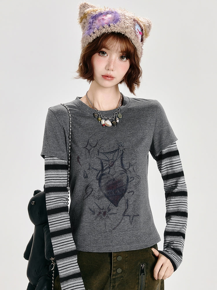 Dark Gray Faux Two-Piece Striped Long Sleeve Top