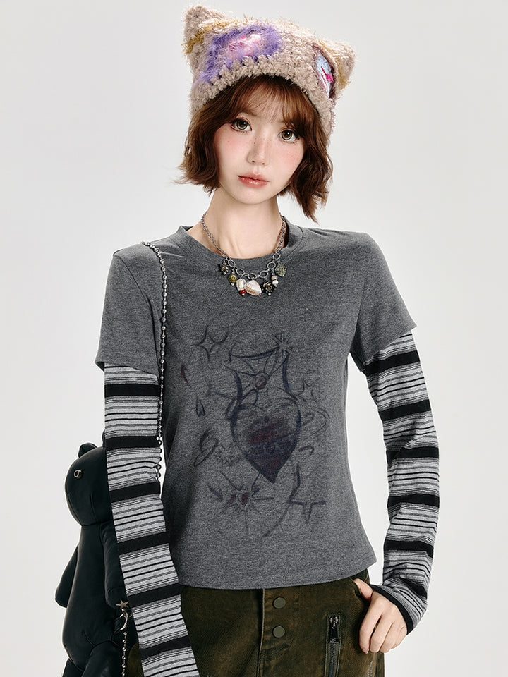 Dark Gray Faux Two-Piece Striped Long Sleeve Top