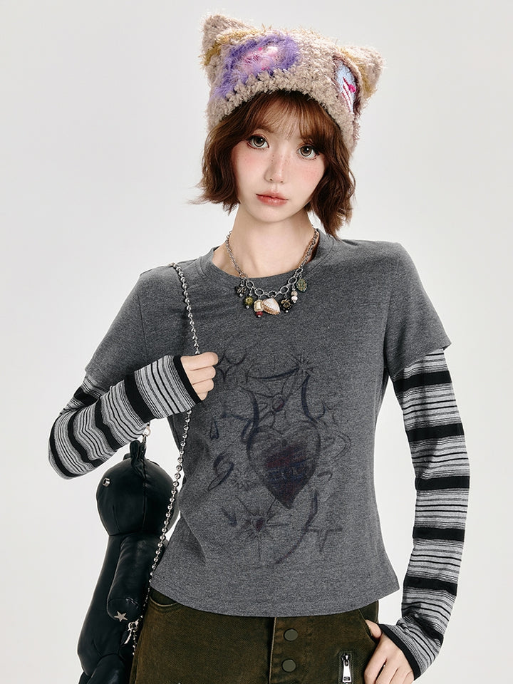 Dark Gray Faux Two-Piece Striped Long Sleeve Top