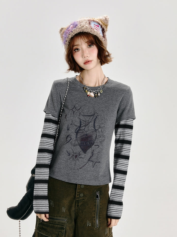 Dark Gray Faux Two-Piece Striped Long Sleeve Top