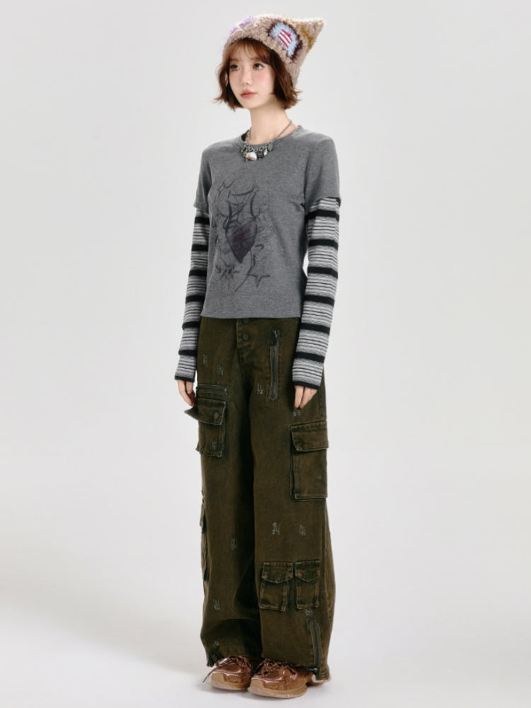 Dark Gray Faux Two-Piece Striped Long Sleeve Top