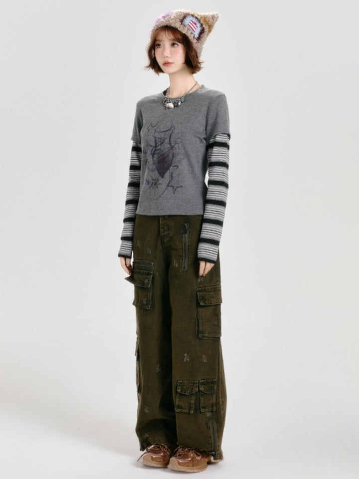 Dark Gray Faux Two-Piece Striped Long Sleeve Top