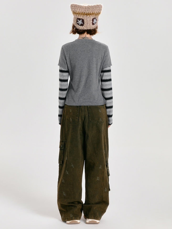 Dark Gray Faux Two-Piece Striped Long Sleeve Top