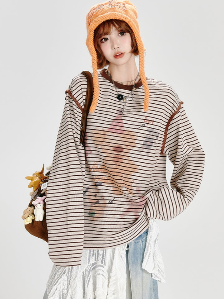 Bear Print Brown Striped Loose Top