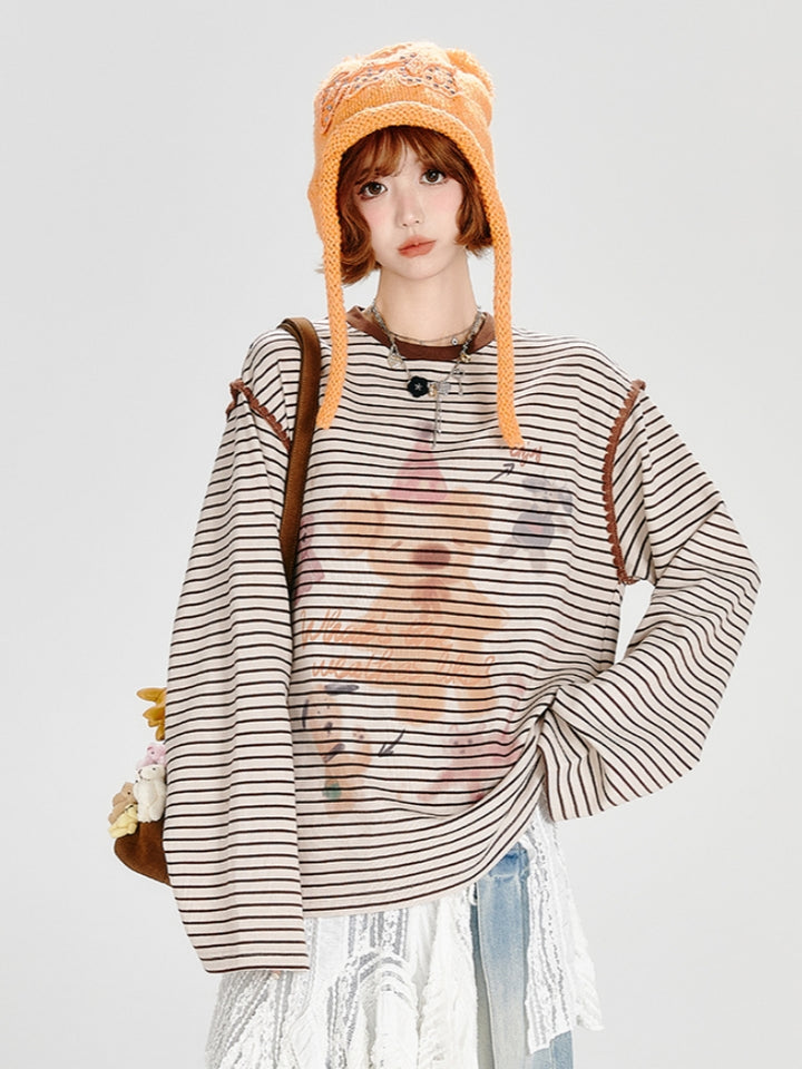 Bear Print Brown Striped Loose Top