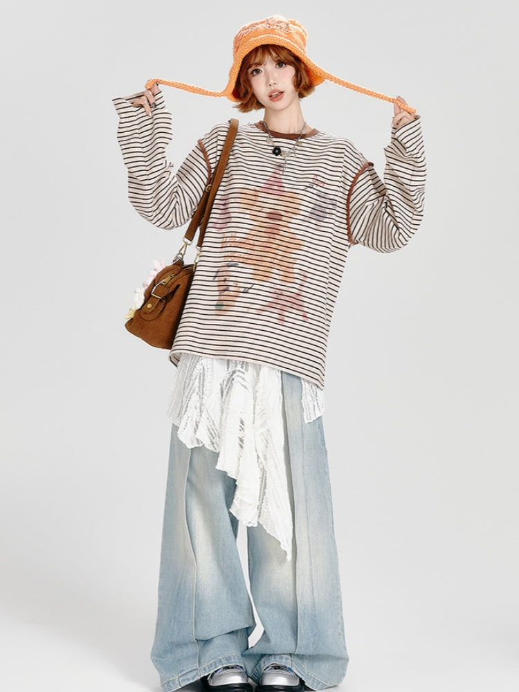 Bear Print Brown Striped Loose Top