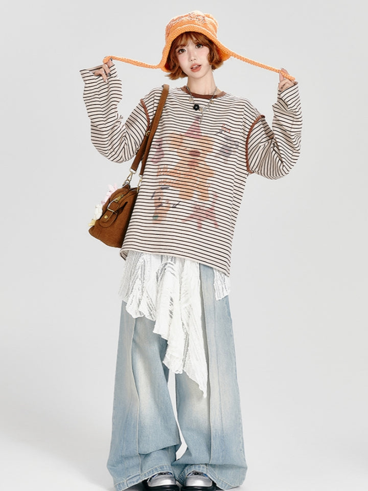 Bear Print Brown Striped Loose Top