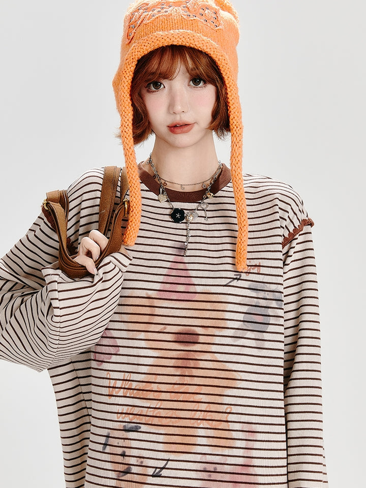 Bear Print Brown Striped Loose Top