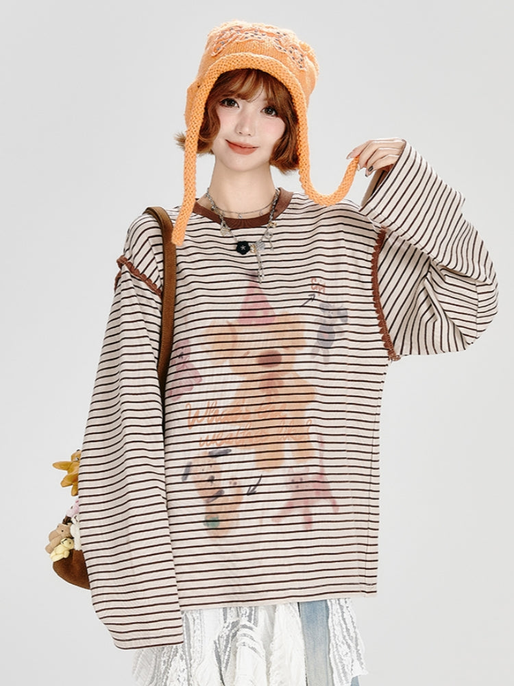 Bear Print Brown Striped Loose Top