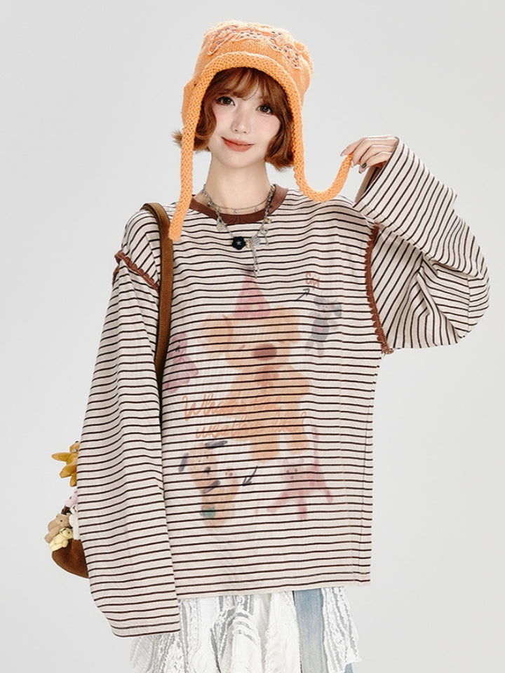 Bear Print Brown Striped Loose Top