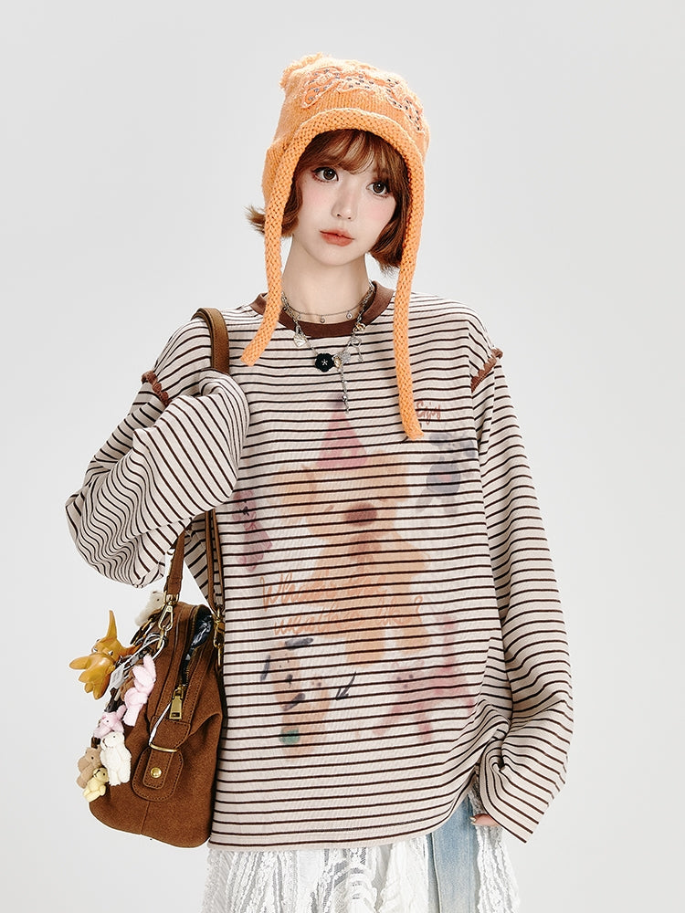 Bear Print Brown Striped Loose Top