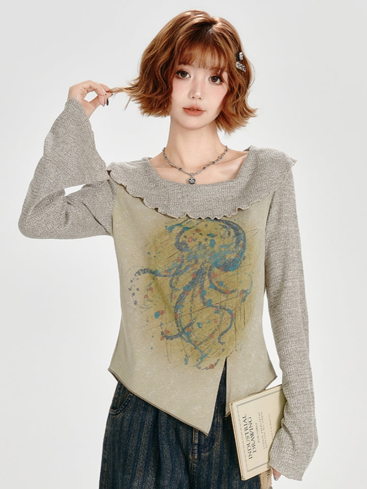 intage Spring Autumn Irregular Hem Top