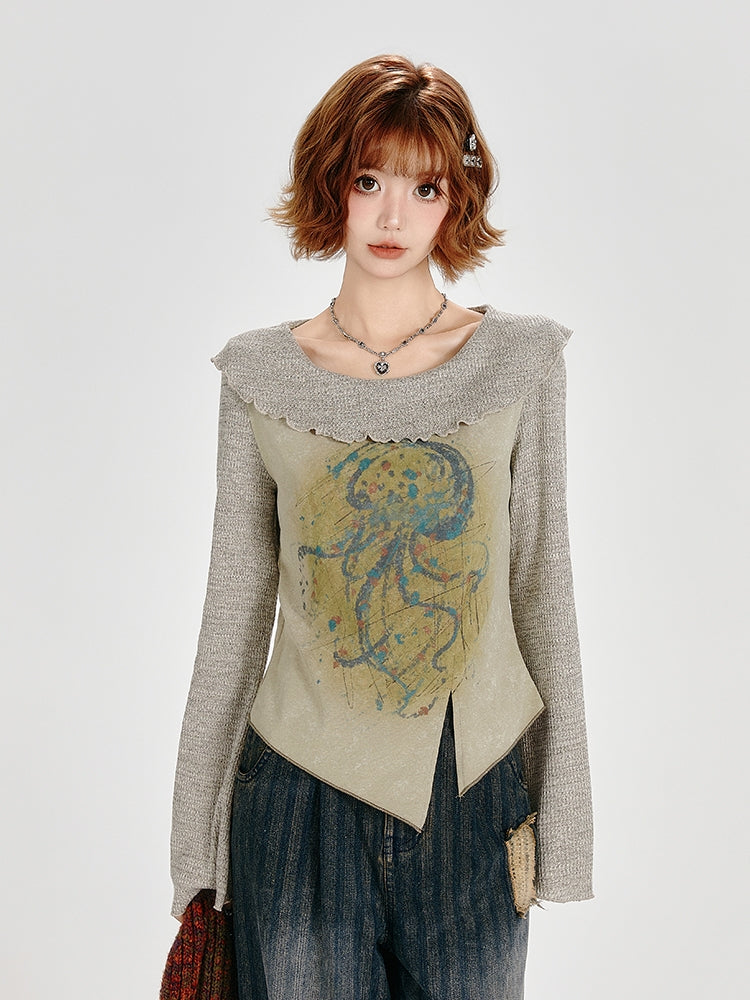 intage Spring Autumn Irregular Hem Top