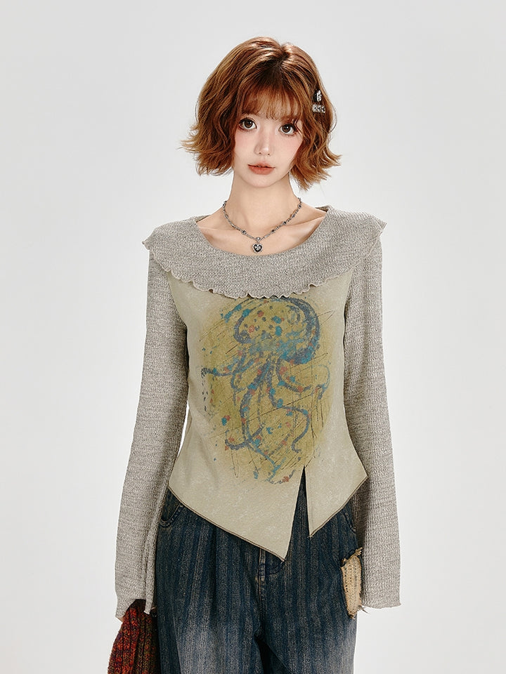 intage Spring Autumn Irregular Hem Top