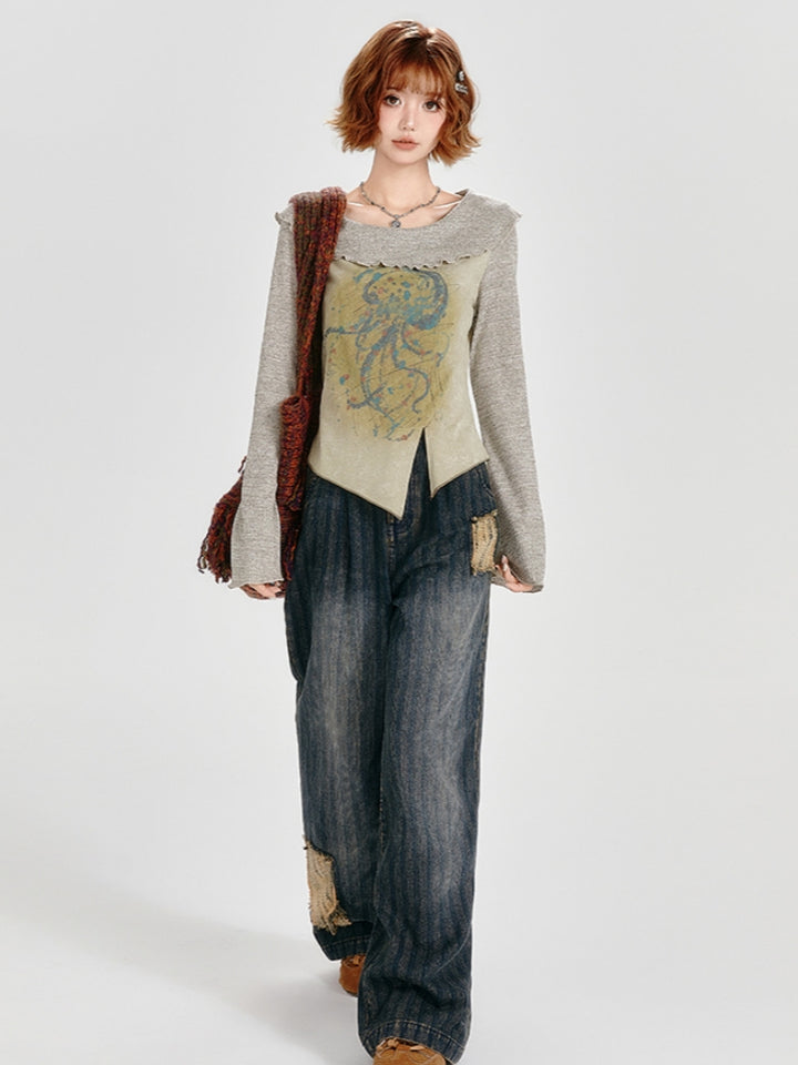 intage Spring Autumn Irregular Hem Top