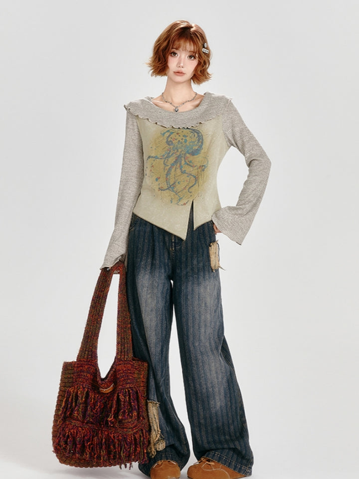 intage Spring Autumn Irregular Hem Top