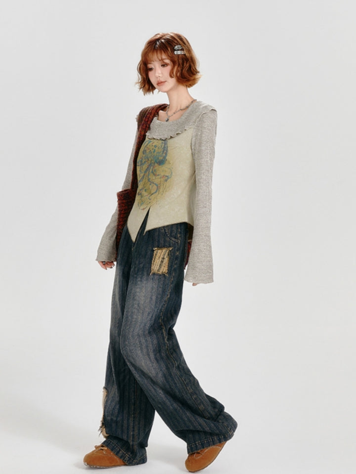 intage Spring Autumn Irregular Hem Top