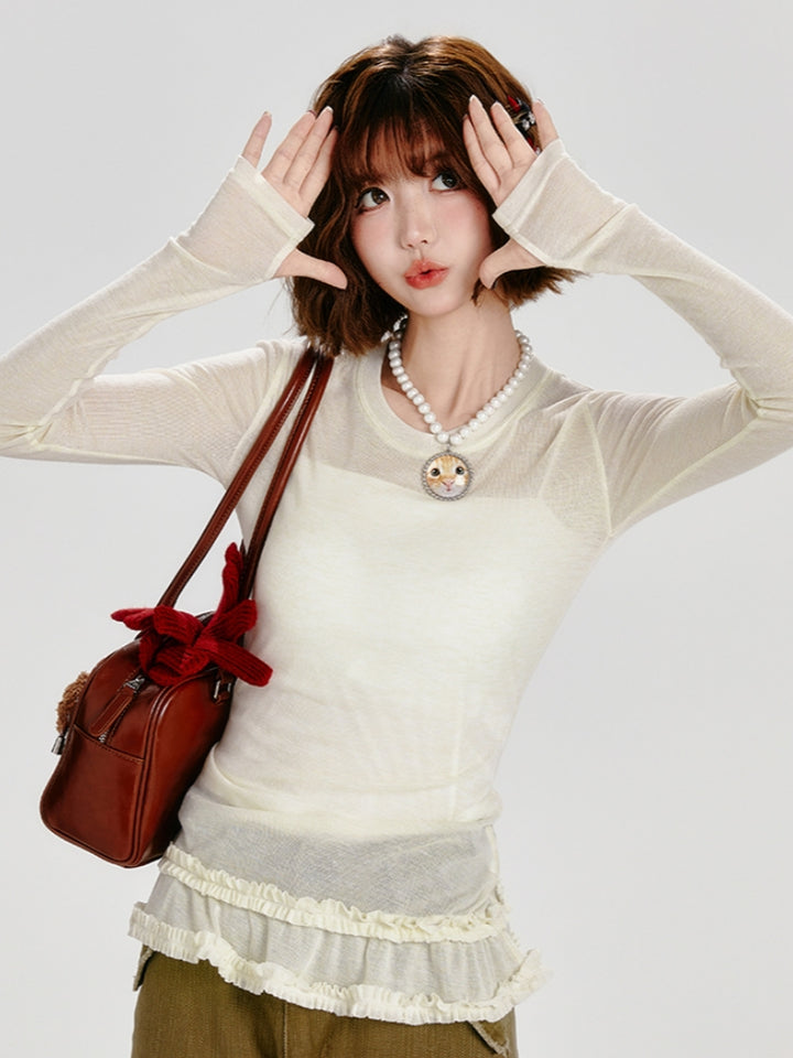 Light Yellow Ruffled Trim Long Sleeve Top