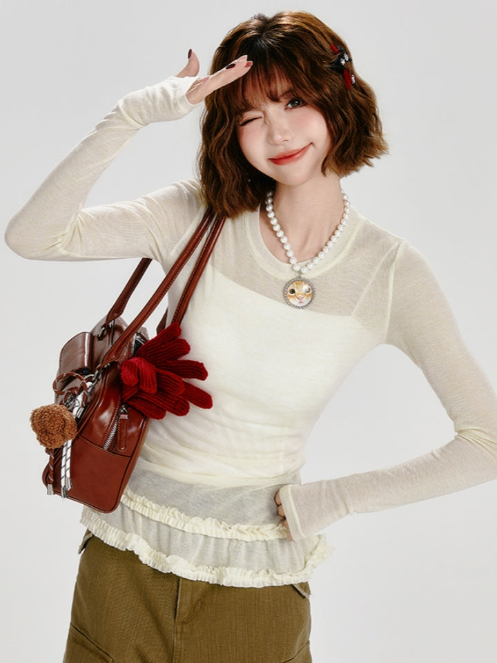 Light Yellow Ruffled Trim Long Sleeve Top