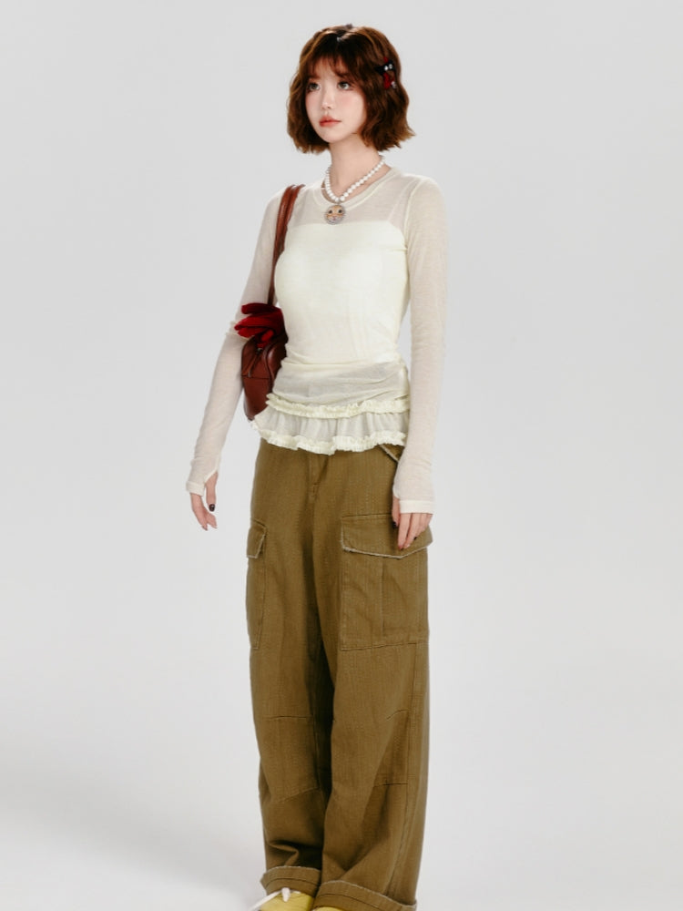 Light Yellow Ruffled Trim Long Sleeve Top