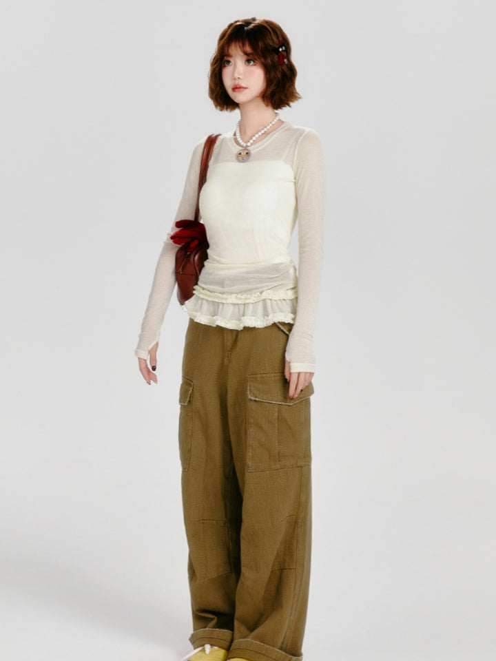 Light Yellow Ruffled Trim Long Sleeve Top