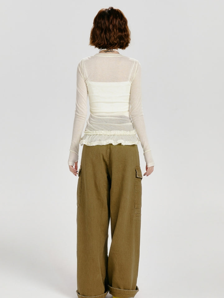 Light Yellow Ruffled Trim Long Sleeve Top